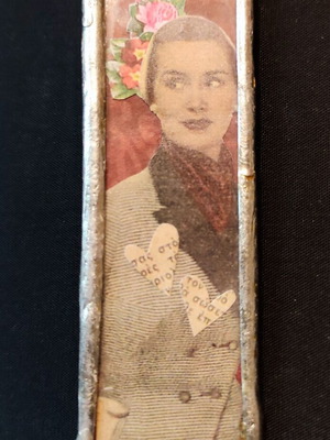 Handmade brooch with female figure, like new, multicolored