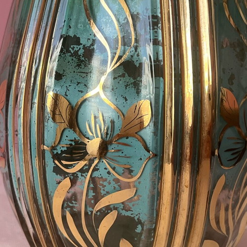Vintage βάζο 22cm μεταχειρισμένο, σμαραγδί με ανάγλυφο χρυσό