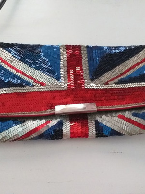 Clutch bag English flag sequins with crossbody chain, new