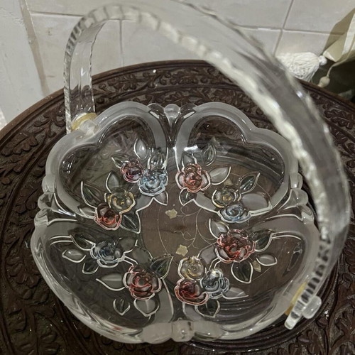 Vintage glass fondantière like new with embossed flowers and plastic handle