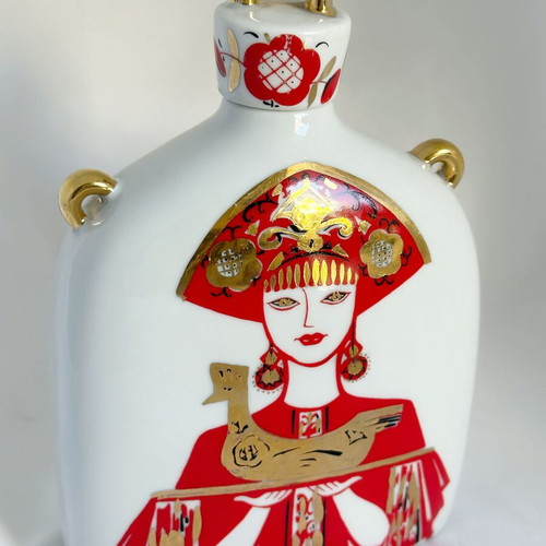 Vintage porcelain Lomonosov USSR folk art decanter set like new