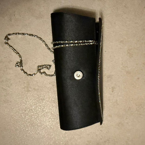 Clutch black satin evening bag like new with strass and silver chain