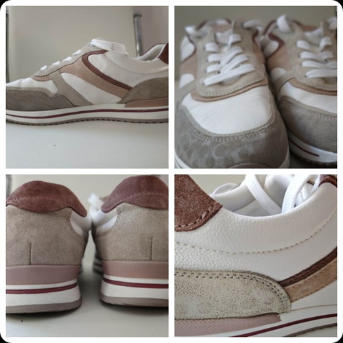 Medicus leather sneakers, size 40, 26cm insole, white with beige and pink suede accents
