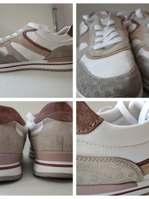Medicus leather sneakers, size 40, 26cm insole, white with beige and pink suede accents