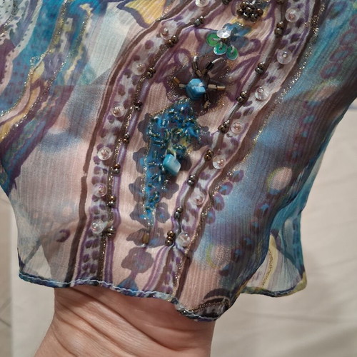 Charly silk evening dress like new, blue paisley with beads