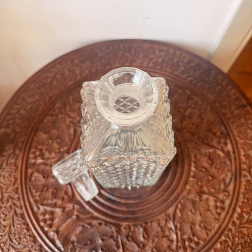 Vintage crystal decanter with stopper, mid-century geometric design