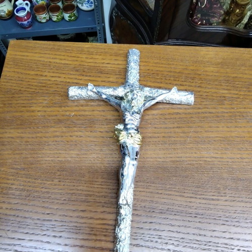 Wooden and bronze cross with silver color Jesus Christ depiction 34x21 new