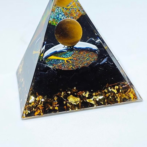 Orgonite pyramid with Tiger's Eye and Tree of Life like new