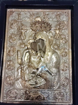 Virgin Mary icon new silver with gold details and stones 31x22 cm