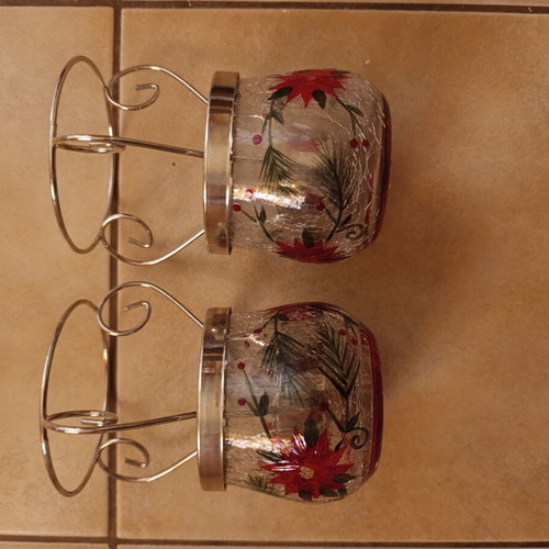 Decorative tealight candle holders like new with Christmas designs, metal base, set of 2
