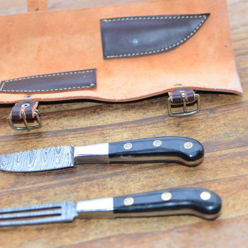 Damascus Hand Forged Knife and Fork BBQ Hunting Set New