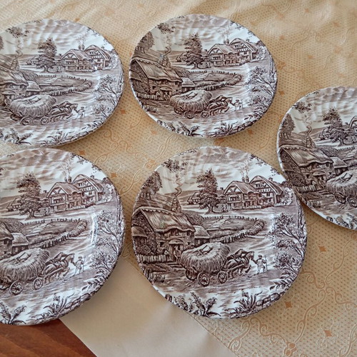 Ridgway Ironstone Hayride vintage plate set like new, 1 large platter and 5 dessert plates