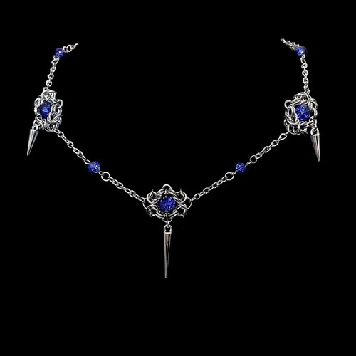 Chainmail choker with blue beads, stainless steel and glass