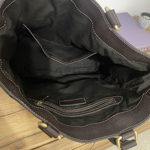 Massimo Dutti leather and cotton tote bag, dark brown and ecru