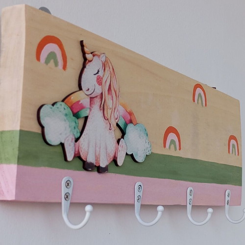 Children's wall hanger unicorn with rainbow in natural wood new