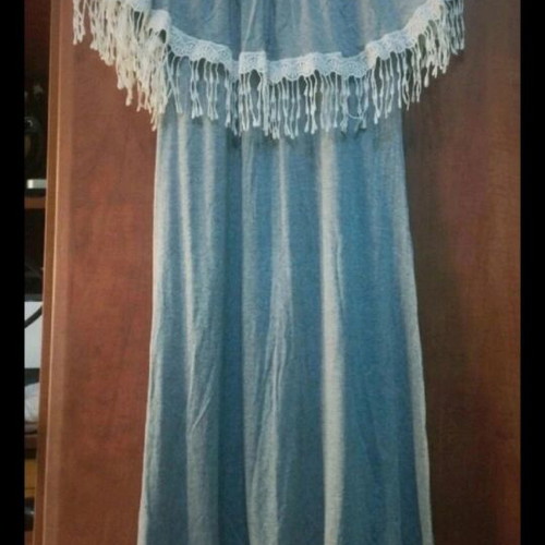 Women's strapless dress grey with white lace fringes, new