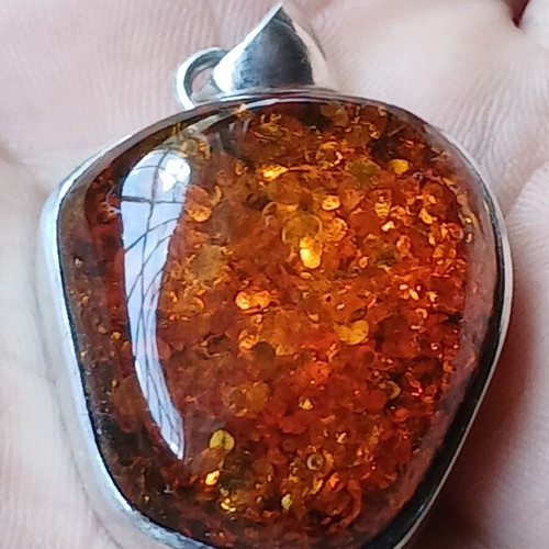 Vintage silver 925 handmade pendant with large Baltic amber stone used
