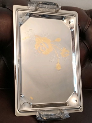 Classic stainless steel 18/10 tray new with 24-carat gold details
