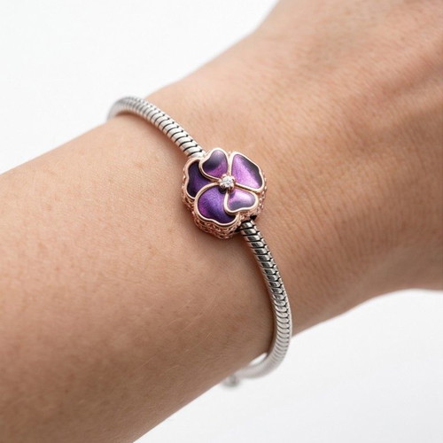Pandora Deep Purple Pansy Flower Charm new with 14K rose gold and cubic zirconia
