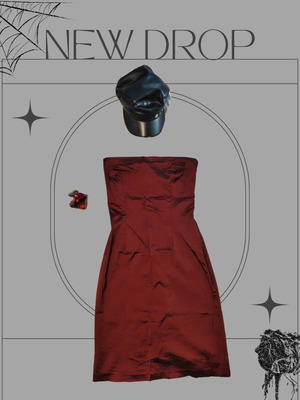Vintage satin strapless dress with corset line used, vampire red