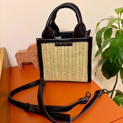Elena Athanasiou Street 52 woven handbag crossbody like new, natural beige and black