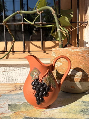 Ceramic pitcher with embossed hand-painted grapes like new