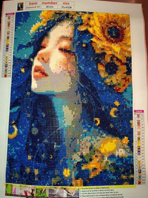 Handmade Canvas Girl with Sunflowers Diamond Art Like New