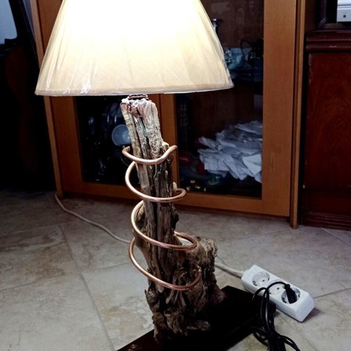 Handmade Driftwood Table Lamp with Copper Spiral and New Lampshade