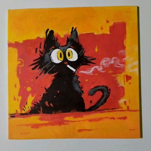 Canvas painting with cat motif new, acrylic 20×20 cm