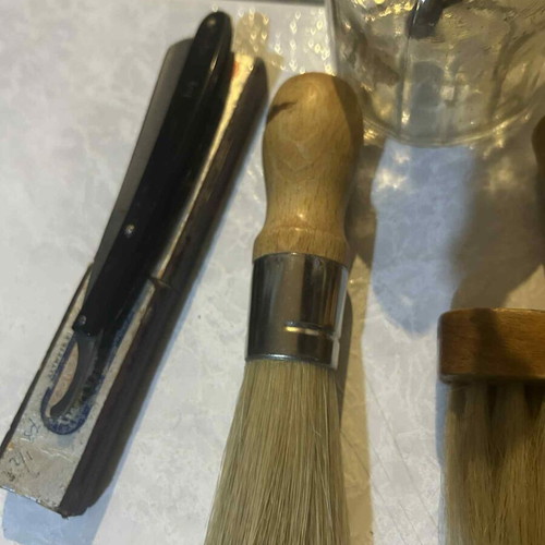 Barber items used, vintage set of 7 pieces with Solinger razor