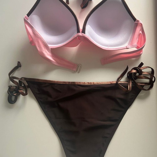 Bikini swimsuit triangle with ties and bra, new, brown, size L