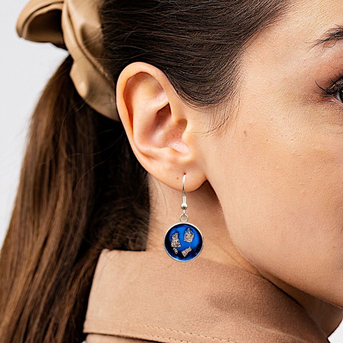 "Aegean Depths" blue and silver earrings with enamel and aluminum foil, Apefthon