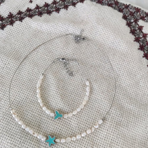 Necklace and bracelet set with pearls, handmade
