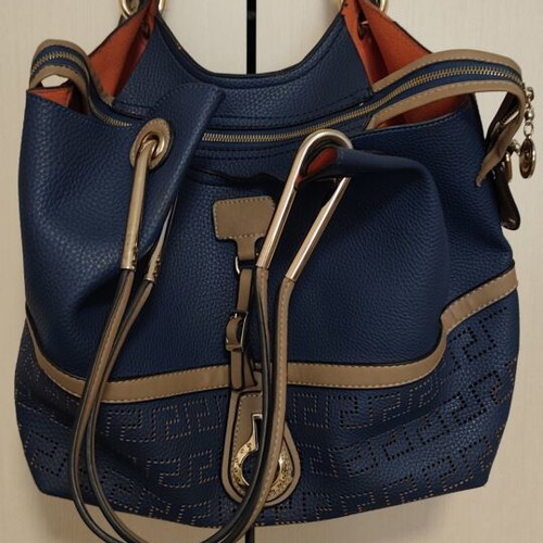 Large women's hobo bag, dark blue with brown details, perforated Greek meander