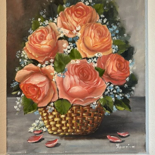 Handmade oil painting with roses on canvas
