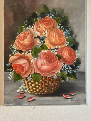 Handmade oil painting with roses on canvas