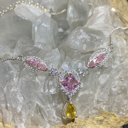 Silver Necklace with Natural Pink Tourmaline, Citrine and Moissanite