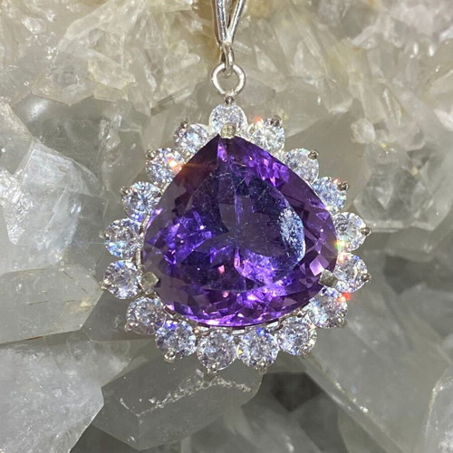 Silver pendant with large cut natural amethyst stone and moissanites, new