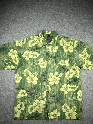 Marc Kostner Men's Shirt Green Hawaiian Hibiscus Aloha used M Y2K Vintage Tropical