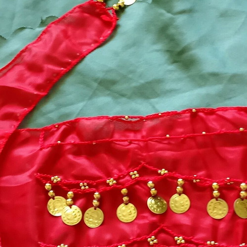 Dance skirt new, decorated with coins and ethnic elements, fiery red