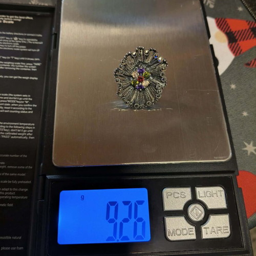 Silver handmade ring with multicolor zircon and marcasite, like new