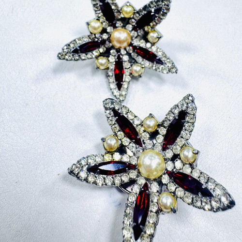 Vintage statement earrings 1950 with burgundy crystals and pearls