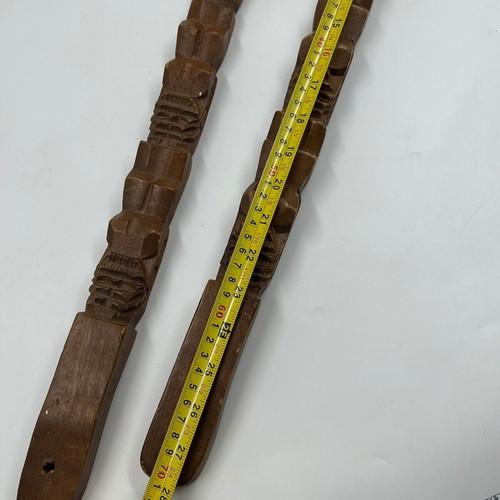 Vintage wooden decorative Tiki fork and spoon set used, tribal style