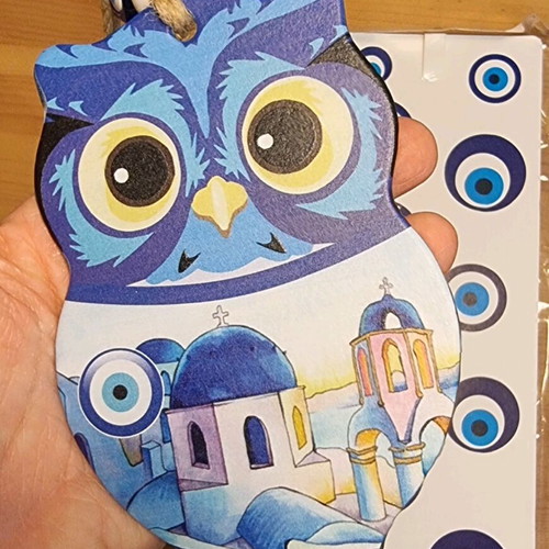 Owl Greece Hanging Glass Charm with Eye and Island 24x13x9cm new