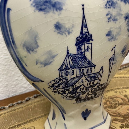 Delft Dutch porcelain urn used, hand-painted with cobalt colors