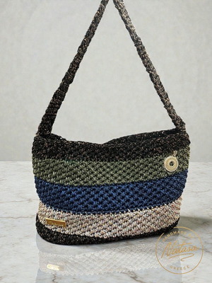 Handmade shoulder bag multicolor with knitted strap