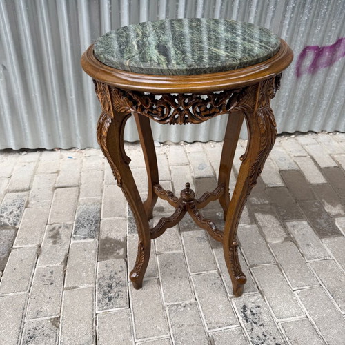 Wood Carved Side Table with Marble Like New