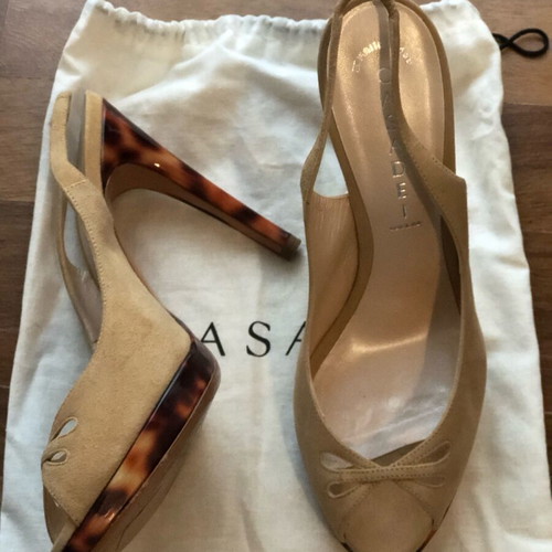 Casadei beige suede slingback sandals with tortoiseshell heel size 38.5