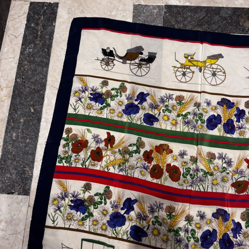 Mantero vintage silk scarf with antique carriages and colorful floral motifs