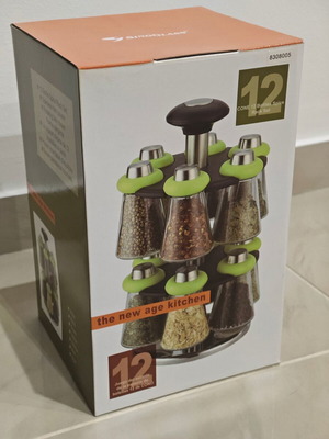 Rotating spice rack with 12 glass containers